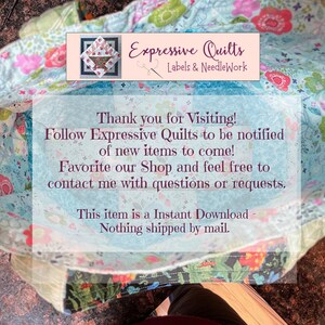 Puede incluir: Un primer plano de una tela colorida con un texto superpuesto que dice "Expressive Quilts Labels & Needle Work" y "&iexcl;Gracias por visitar! &iexcl;Sigue a Expressive Quilts para ser notificado de nuevos art&iacute;culos por venir! &iexcl;Agrega nuestra tienda a tus favoritos y no dudes en contactarme con cualquier pregunta o solicitud. Este art&iacute;culo es una descarga instant&aacute;nea - Nada se env&iacute;a por correo."