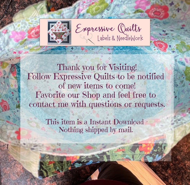Puede incluir: Un primer plano de una tela colorida con un texto superpuesto que dice "Expressive Quilts Labels & Needle Work" y "&iexcl;Gracias por visitar! &iexcl;Sigue a Expressive Quilts para ser notificado de nuevos art&iacute;culos por venir! &iexcl;Agrega nuestra tienda a tus favoritos y no dudes en contactarme con cualquier pregunta o solicitud. Este art&iacute;culo es una descarga instant&aacute;nea - Nada se env&iacute;a por correo."