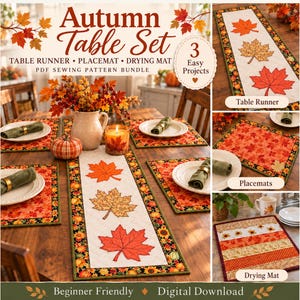 Autumn Sewing Pattern Bundle: Table Runner, Placemat & Drying Mat, Beginner PDF Patterns