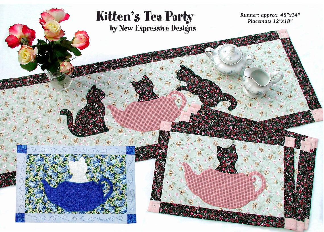 Cat Table Runner, Placemats Quilt Pattern - Kittens Tea Party - Fusible ...