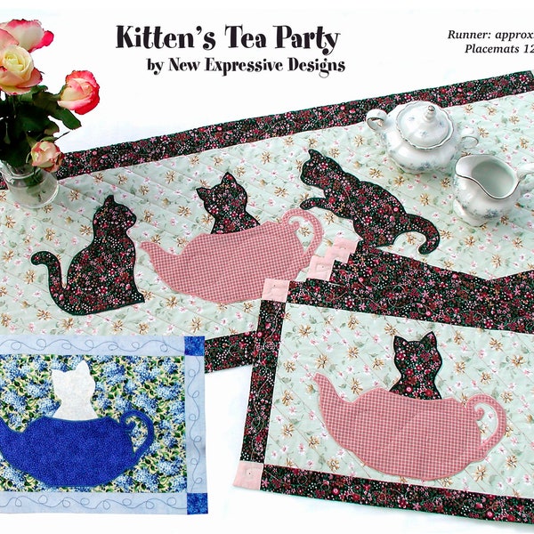 Cat Table Runner, Placemats Quilt Pattern - Kittens Tea Party - Fusible Applique - Digital Download Pattern -