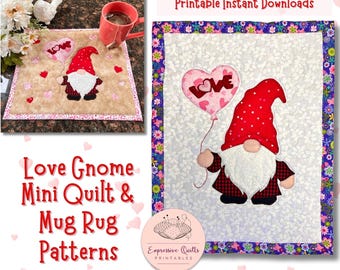 Valentine Gnome Mini Quilt Pattern: Appliqué Mug Rug (Digital Download)