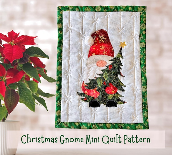 Christmas Gnome Mini Quilt - Complete Instructions, and Illustrations are included. Finished Size 13"x18"