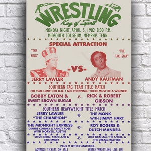 Jerry The King Lawler contre Andy Kaufman 1982 Memphis Wrestling Feud Match 30,5 x 45,7 cm Poster promotionnel en papier cartonné