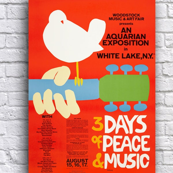 Woodstock Music Festival 1969 3 jours de paix, de musique et d'amour 30,5 x 45,7 cm promo concert cartonné affiche