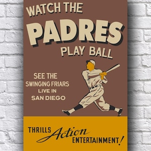 Poster en papier cartonné promotionnel de style vintage des San Diego Padres Baseball Swinging Friars Live, 30 x 18 po.