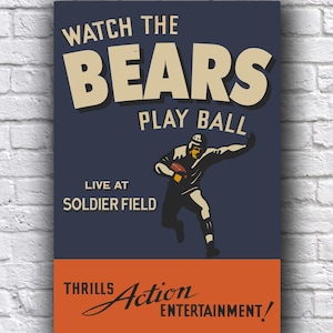 Affiche vintage de football des Bears de Chicago en direct de Soldier Field, à la recherche d'un papier cartonné promotionnel de 12 x 18 po.