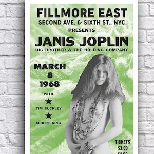 Janis Joplin 1968 Fillmore East Tour avec Albert King et Tim Buckley Poster de concert en papier cartonné 12 x 18 po