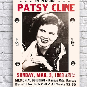 Patsy Cline In Person, 1963 Kansas City Missouri Final Show, papier cartonné 12 x 18 po Poster de concert