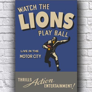 Poster de football des Lions de Detroit en direct de Motor City, vintage à la recherche d'un papier cartonné promotionnel de 12 x 18 po.