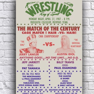 Jerry The King Lawler vs. Austin Idol 1987 Memphis Wrestling Hair Cage Match 12" x 18" Cardstock Promo Poster