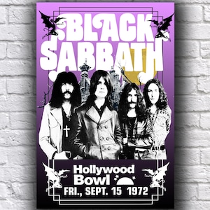 Póster promocional de cartón de 12" x 18" del concierto de Ozzy Osbourne en el Hollywood Bowl de 1972 de Black Sabbath