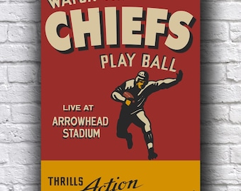 Poster promozionale vintage in cartoncino da 12" x 18" della partita di football dei Kansas City Chiefs in diretta dall'Arrowhead Stadium