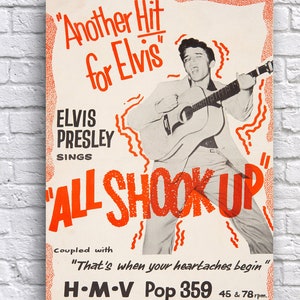 Elvis Presley, 1957 All Shook Up, 30 x 18 pouces, affiche publicitaire en papier cartonné promotionnel