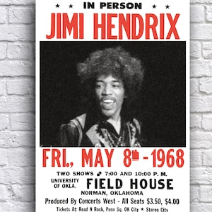 Jimi Hendrix Live in Person 1968 Norman, Oklahoma Field HOuse  12&quot; x 18&quot; Promo Concert Cardstock Poster