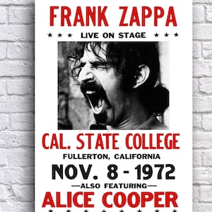 Póster promocional de cartón de 12" x 18" del concierto de Frank Zappa y Alice Cooper de 1972 en Fullerton, California