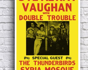 May include: A yellow concert poster advertising a Stevie Ray Vaughan concert with Double Trouble. The concert is on Friday, January 24th, 1986 at 7:30pm at the Syria Mosque in Pittsburgh, Pennsylvania. The Thunderbirds are the special guest.
