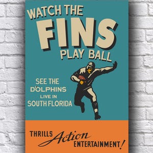 Affiche de football des dauphins de Miami en direct du sud de la Floride, à la recherche d'un papier cartonné promotionnel vintage 12 x 18 po