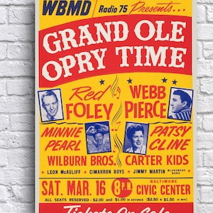 Grand Ole Opry 1963 Baltimore Maryland Millie Pearl Patsy Cline Red Foley Webb Pierce papier cartonné 12 x 18 po Poster de concert