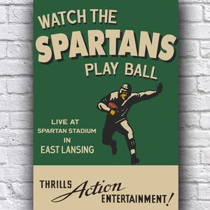 Póster promocional de aspecto vintage de 12" x 18" de fútbol de los Spartans de Michigan State en vivo desde East Lansing