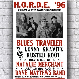 H.O.R.D.E. Tournée 1996 Dave Matthews Band Blues Traveler Lenny Kravitz Rusted Root Natalie Merchant, papier cartonné 12 x 18 po Poster de concert
