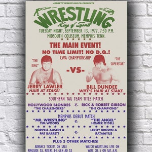 Cartaz promocional de cartolina Jerry The King Lawler vs. Bill Dundee 1977 Memphis Wrestling Hair Match