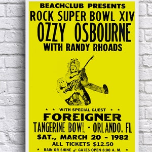 Ozzy Osbourne avec Randy Rhoads avec un étranger Super Bowl XIV 1982 de rock, Orlando, Floride, 30 x 18 po affiche en papier cartonné promotionnel