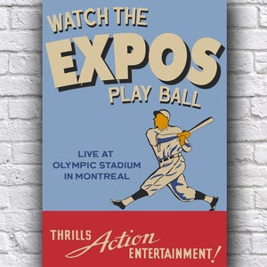 Affiche de baseball en direct des Expos de Montréal au stade olympique de style vintage, affiche en papier cartonné 12 x 18 po