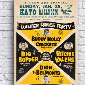 Buddy Holly Big Bopper Ritchie Valens 1959 danse d'hiver affiche de concert en papier cartonné 12 x 18 po