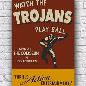 L'USC Trojans Football de l'Université de Californie du Sud en direct du Coliseum, affiche vintage en papier cartonné 12 x 18 po