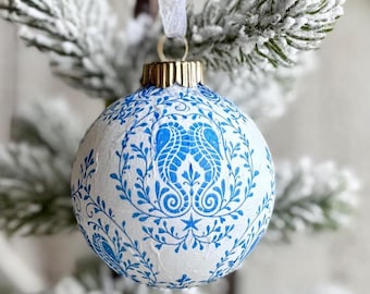 Light Blue French Toile Christmas Ornaments, Chinoiserie Ornament Sets, Classic Decoupage Decorations, Small Unique Handmade Christmas Decor