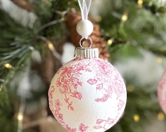 Sets of Pink Toile Handmade Christmas Ornaments, White & Pink Christmas Tree Decor, Unique Decorations, Vintage Inspired Baubles,