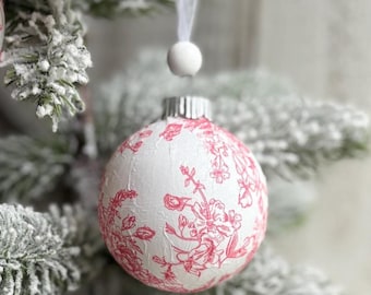 Sets of Pink Toile Handmade Christmas Ornaments, White & Pink Christmas Tree Decor, Unique Decorations, Vintage Inspired Baubles,