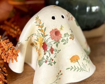 Cute Clay Ghost Home Decor, Table Top Halloween Decor, Autumn Indoor Decorations, Fall Floral Harvest Ghost, Handmade Whimsical Decor