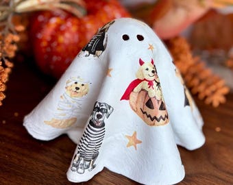 Cute Clay Ghost Home Decor, Table Top Halloween Decor, Autumn Indoor Decorations, Dog Costume Ghosts, Handmade Whimsical Decor, Shelf Sitter