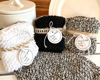 Set of Two Cotton Knitted Dishcloths, Black and White Hand Knit Kitchen Dish Cloths, Hand Made Cleaning Kitchen Rags, Handmade Items