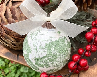 Sets of Toile Christmas Ornaments, French Country Decoupage Ornament, Nature Christmas Balls, Classic Handmade Christmas Ornaments