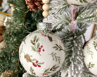 Set of Three Holly & Pinecones Christmas Ornaments, Red Christmas Tree Decoration, Green Leaf Winter Berry Vintage Inspired Bauble Decor