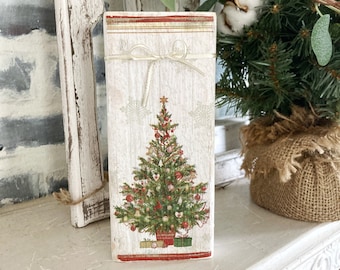 White Christmas Wood Block Decoration, Cottagecore Christmas Decor Vintage Inspired, Classic Holiday Home Decor, Decorative Xmas Tree