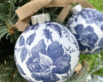 Sets of Victorian Christmas Ornaments Handmade, Blue & White Christmas Tree Decor, Unique Floral Vintage Inspired Baubles, Classic Holiday