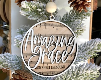 Amazing Grace Wooden Christmas Ornament, Pastor Gift, Music Sheet Christmas Ornament, Religious Christmas Ornaments