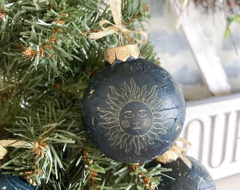 Sets of Celestial Christmas Ornaments Handmade, Unique Teacher Gifts, Navy Blue & Gold Moon Xmas Ornaments,Starry Night Holiday Bauble Decor