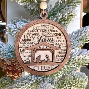 Wooden Nativity Set of Ornaments, Pastor Gift, Our God is an Awesome God, Nativity Ornament, Religious Christmas Ornaments, Names of God