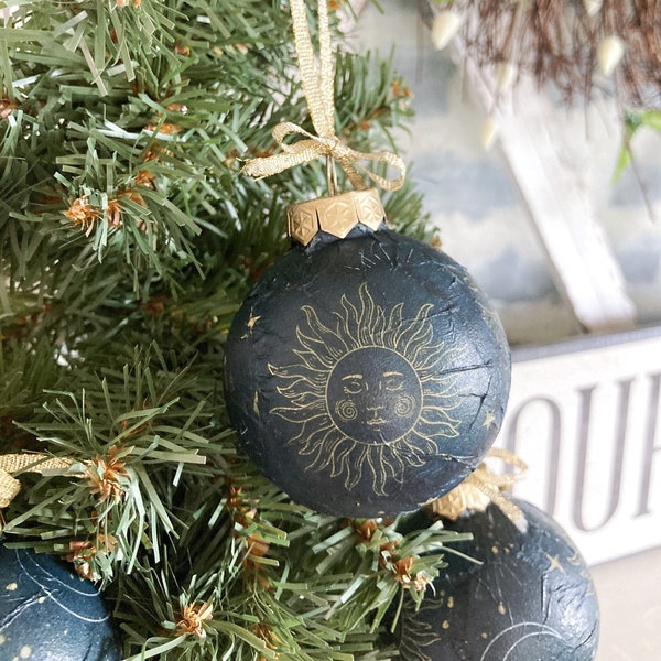Sets of Celestial Christmas Ornaments Handmade, Unique Teacher Gifts, Navy Blue & Gold Moon Xmas Ornaments,Starry Night Holiday Bauble Decor