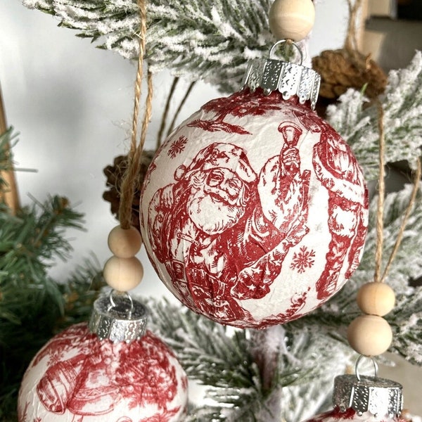 Sets of St Nick Toile Christmas Ornaments, Saint Nicholas Decoupage Ornament, Red Christmas Balls, Classic Handmade Christmas Ornaments