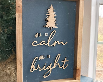 Farmhouse Christmas Decor, Navy Blue Christmas Wood Sign, Silent Night Christmas Carol Decorations, Elegant 3D Xmas Wall Art