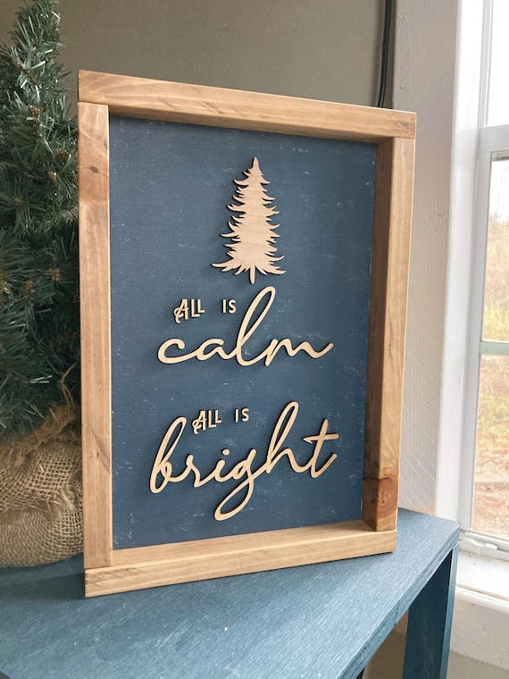 Farmhouse Christmas Decor, Navy Blue Christmas Wood Sign, Silent Night Christmas Carol Decorations, Elegant 3D Xmas Wall Art