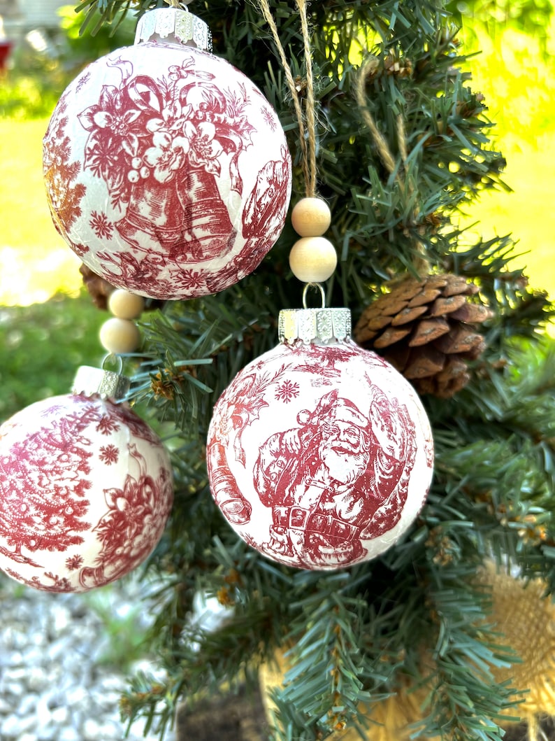 Sets of Red Toile Christmas Ornaments, Saint Nicholas Decoupage Ornament, Red Christmas Balls, Classic Handmade Christmas Ornaments, St Nick