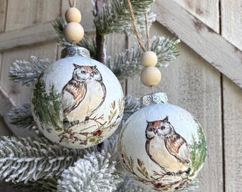 Sets of Owl Handmade Ornaments,  Christmas Ornaments Handmade, Blue Xmas Tree Decorations, Nature Christmas Ornaments, Bird Decor