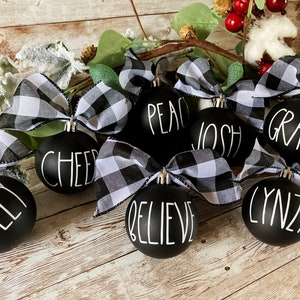 Personalized Matte Black with White Letters Christmas Ornaments, Farmhouse Christmas Tree Decoration, Buffalo Plaid Ribbon Bauble Decor